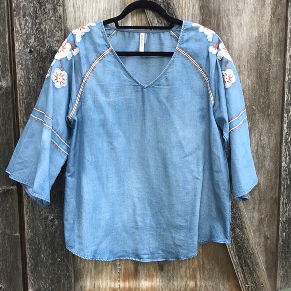 [Mur Mur] Chambray Boho Bell Sleeve Tunic - Picture 1 of 8